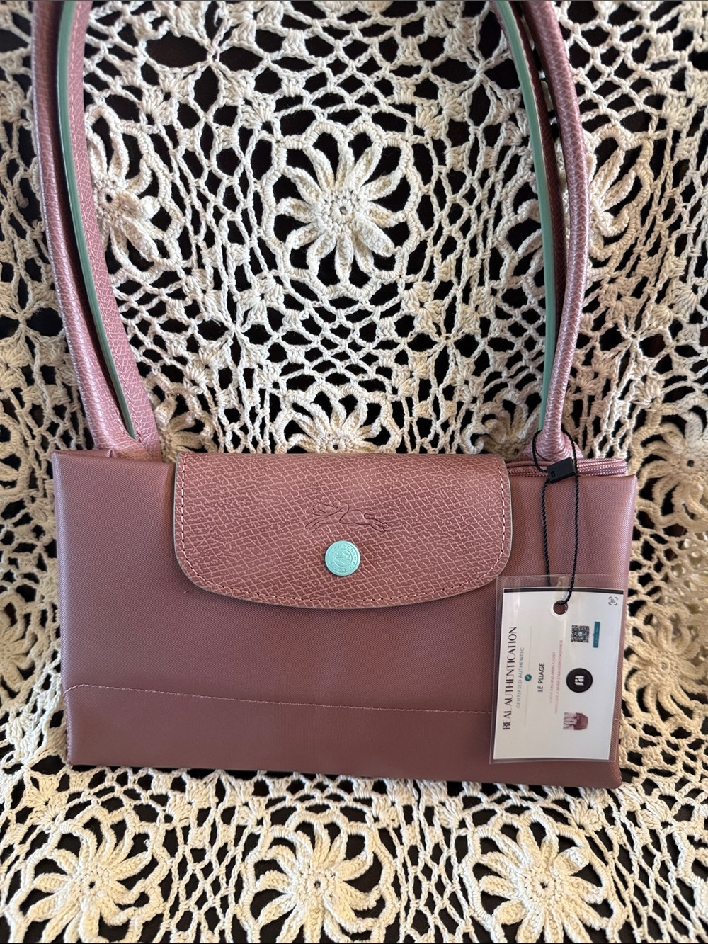 Longchamp Mauve-Pink Shoulder Tote with Blue Button